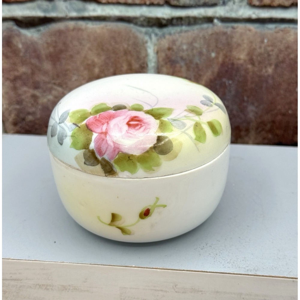 Vtg Meito China Japan Trinket Powder Box 1930s Pink Roses‎ Hand-painted Numbered